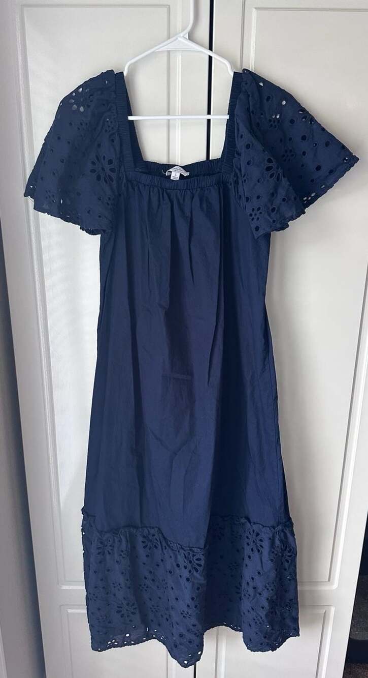 Mud Pie Conny Eyelet Maxi Dress Size S Navy Blue Cotton Square Neck
